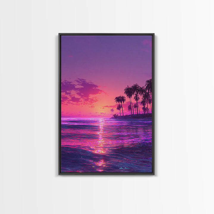 Vibrant Neon Pink And Purple Tropical Sunset With Palm Trees Coastal Wall Art Canvas Print For Modern Beach Decor