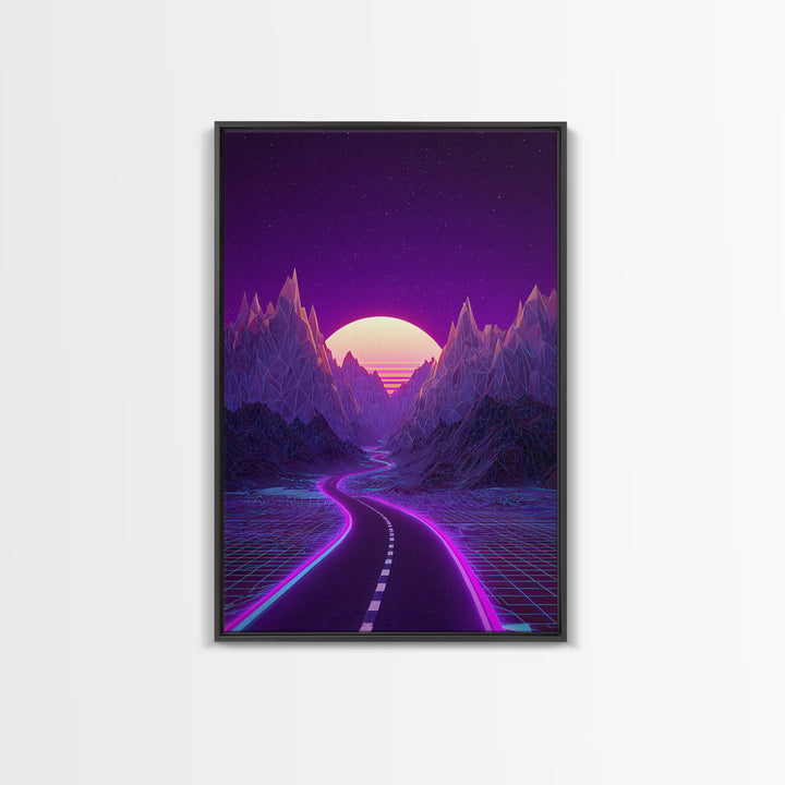 Cyberpunk Cityscape At Night With Purple Neon Lights Reflecting On Water Modern Wall Art Framed Canvas Print For Trendy Decor