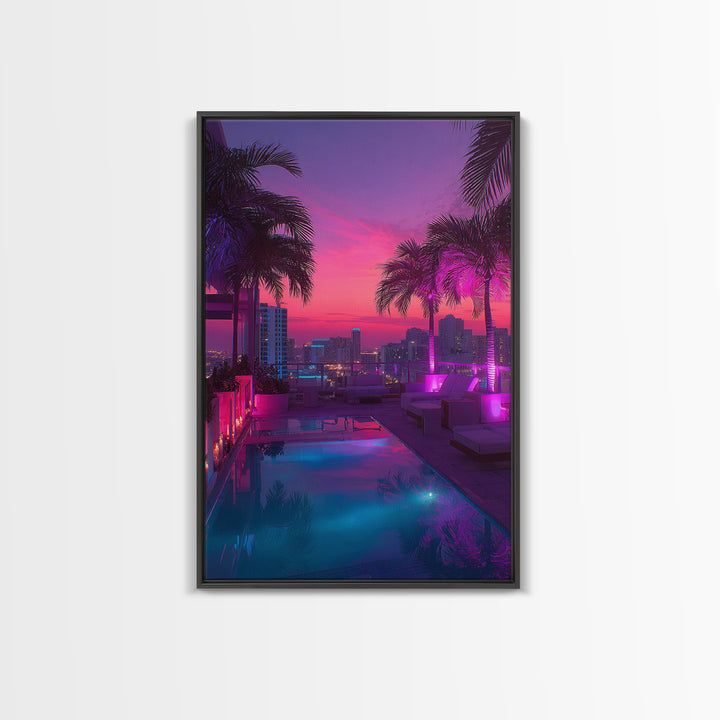 Modern Rooftop Pool Sunset Miami Cityscape Night View Wall Art Canvas Print For Office Living Room Decor