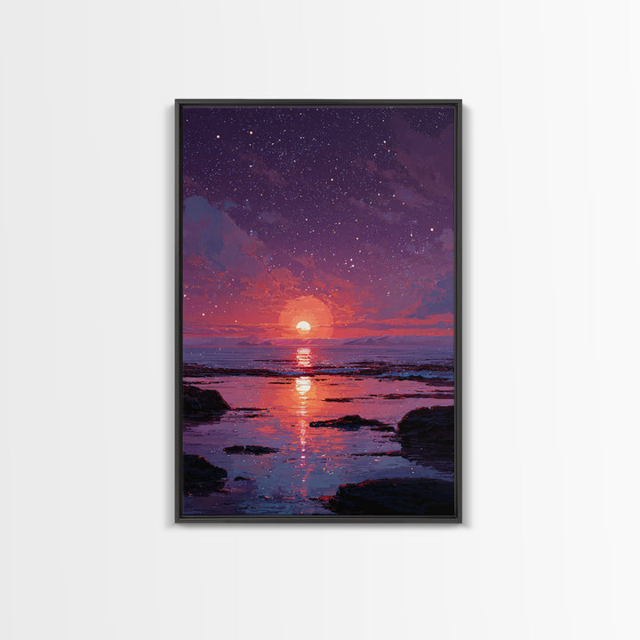 Stunning Starry Night Ocean Sunset Digital Painting Colorful Wall Art Canvas Print Modern Coastal Decor