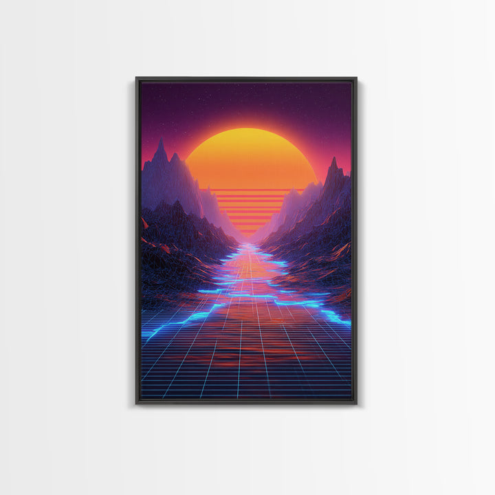 Retro Synthwave Landscape With Neon Grid Road And Large Sun Wall Art Canvas Print For Modern Living Room Decor