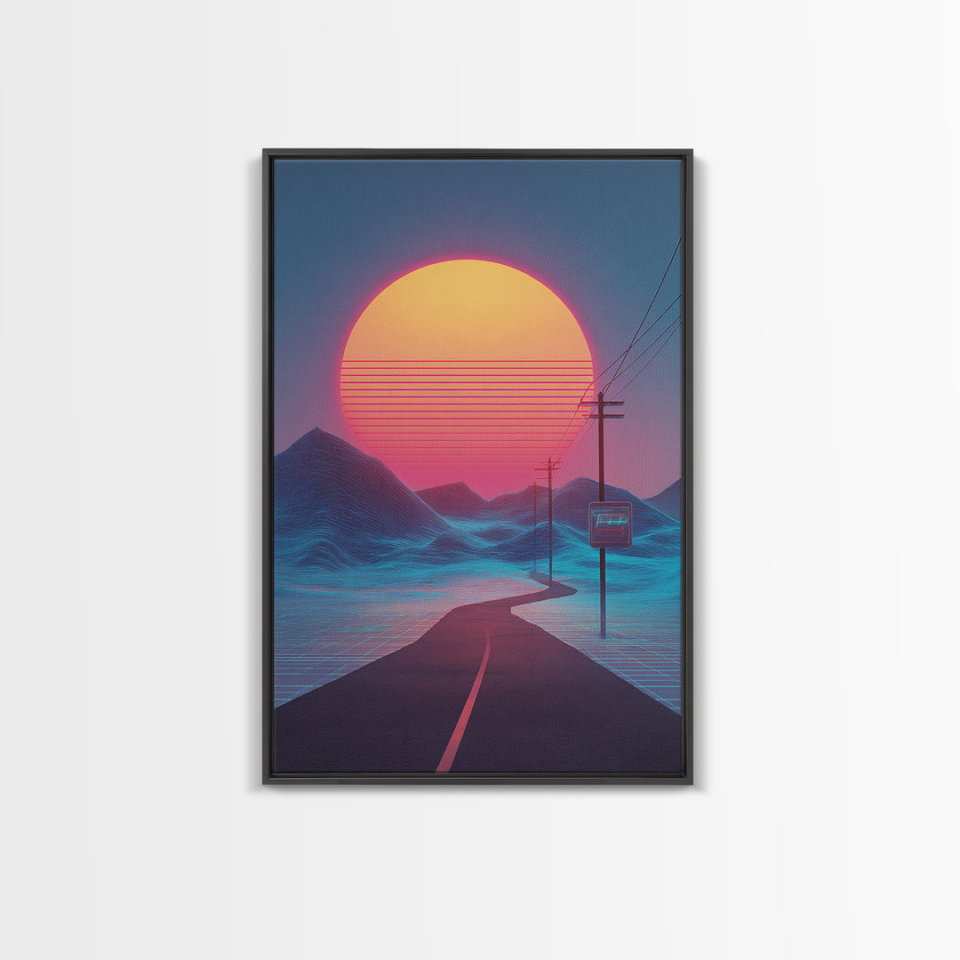 Synthwave Landscape With Electric Colors Neon Sun And Grid Mountains Digital Wall Art Canvas Print