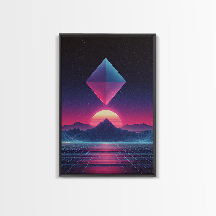 Futuristic Neon Pyramid Sunset Scene Wall Art Featuring Geometric Mountains With A Vibrant Canvas Print