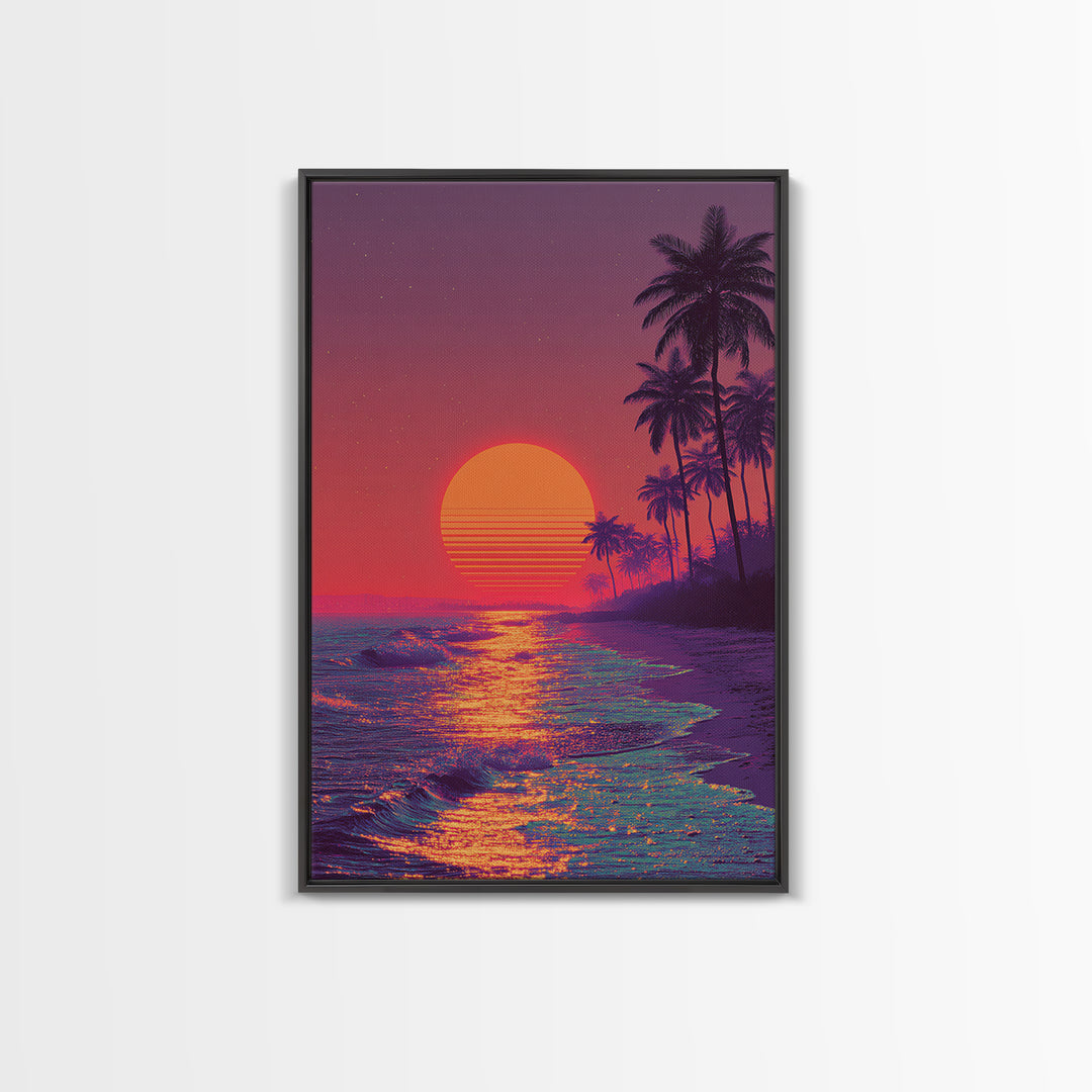 Vibrant Neon Sunset Over Tropical Beach With Palm Trees Wall Art For Modern Home Decor And Living Room Canvas Print