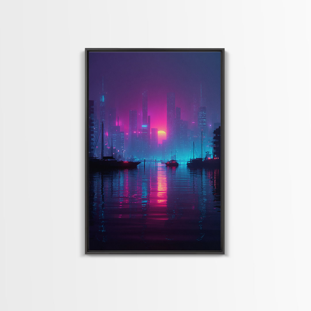 Futuristic Neon Cityscape With Sun Setting Over Harbor Framed Canvas Print For Cyberpunk Wall Art And Modern Home Decor