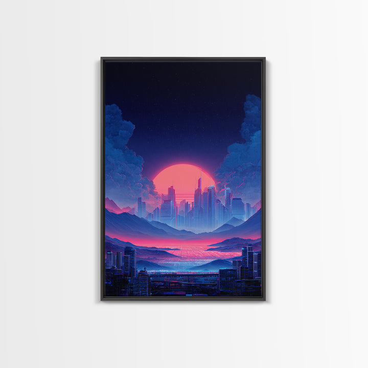 Futuristic Vibrant Neon Cityscape Digital Artwork Cyberpunk Sunset Modern Wall Art Large Framed Canvas Print