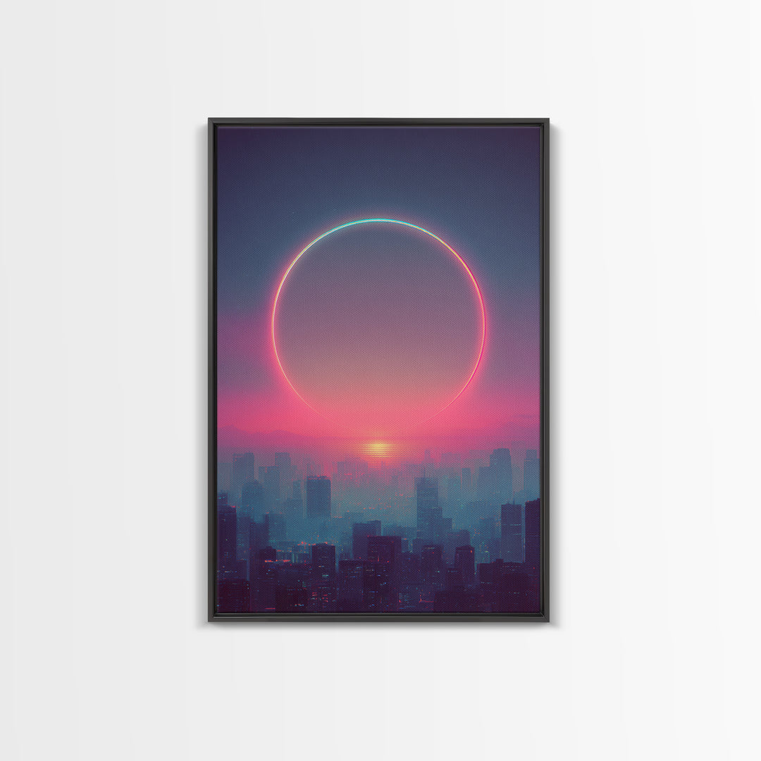 Mystical City Sunset With Crescent Neon Ring Over Buildings Framed Canvas Print For Futuristic Wall Art And Modern Decor