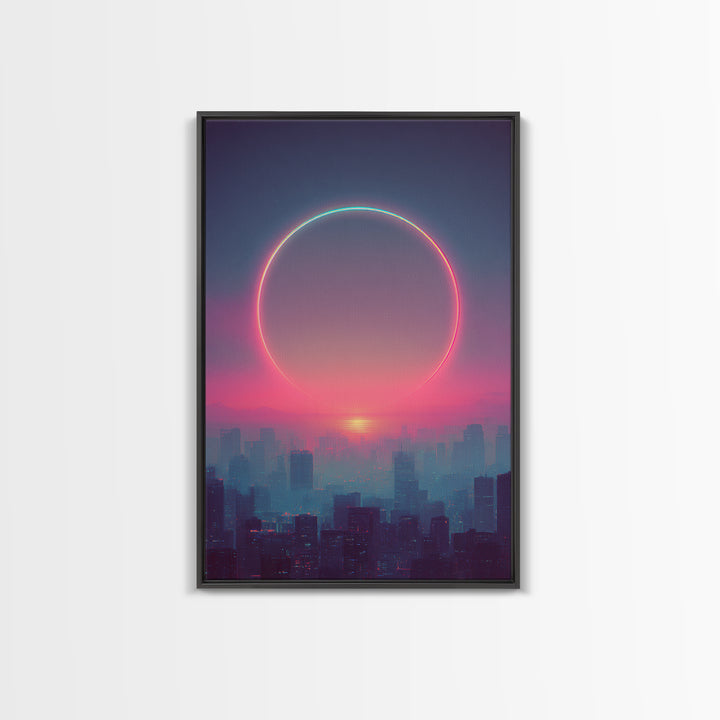 Mystical City Sunset With Crescent Neon Ring Over Buildings Framed Canvas Print For Futuristic Wall Art And Modern Decor