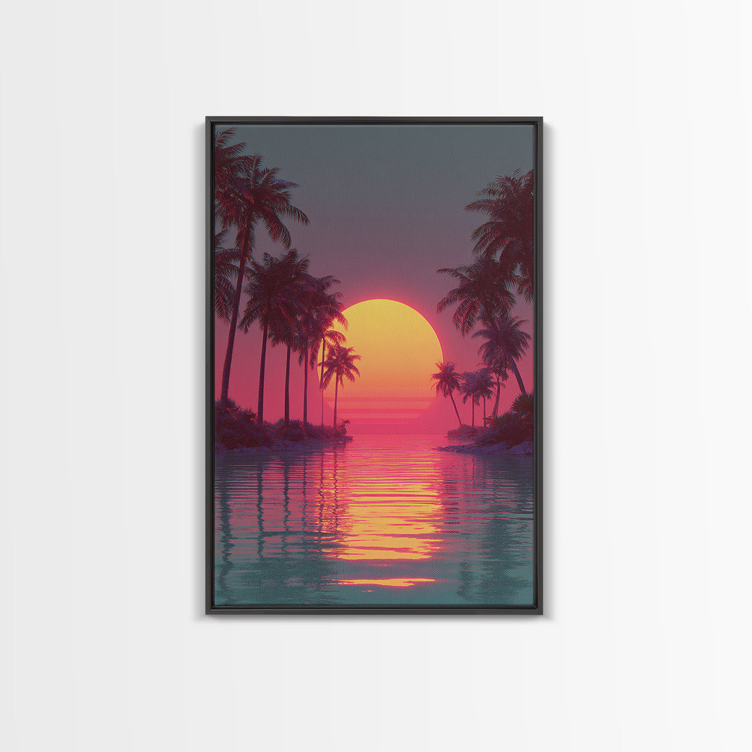 Retro Futuristic Vibrant Palm Trees Sunset With Neon Pink Sky Canvas Print Tropical Wall Art Coastal Decor Modern Wall Art
