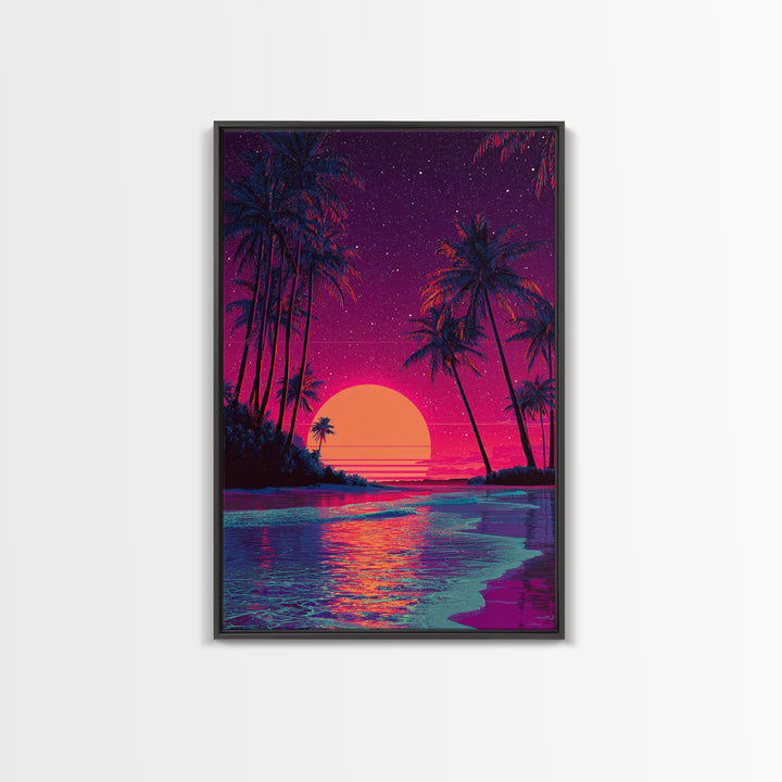 Retro Tropical Sunset With Palm Trees And Starry Sky Wall Art Canvas Print For Boho And Coastal Bedroom Decor