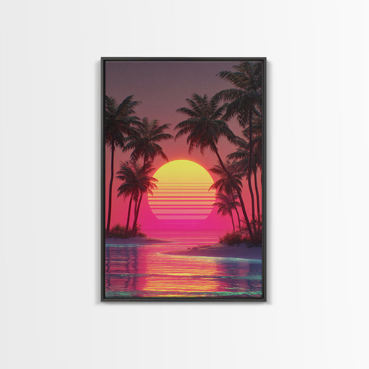 Dreamy Pink Sunset Tropical Island Palm Trees Calm Water Canvas Print Wall Art For Coastal Home Decor