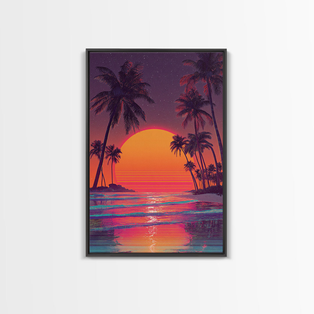 Vibrant Retro Sunset With Palm Trees Beach Scene Wall Art Canvas Print For Modern Home Decor And Coastal Wall Decor