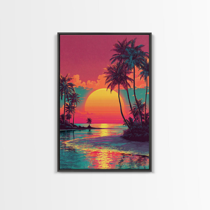 Vibrant Sunset Tropical Landscape With Palm Trees And Ocean View - Framed Canvas Print Coastal Wall Art For Home Decor