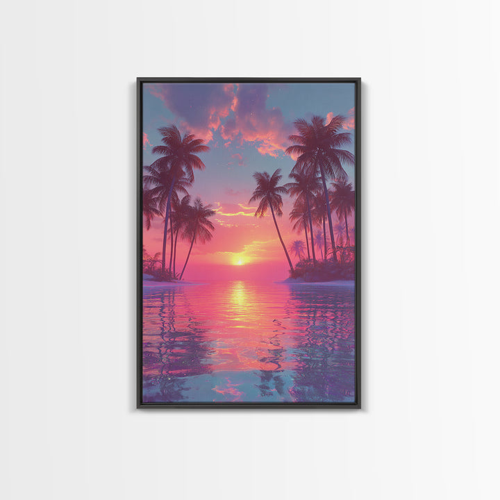 Tropical Sunset Palm Trees Over Water Vibrant Pink And Orange Sky Canvas Print For Modern Wall Art And Home Decor