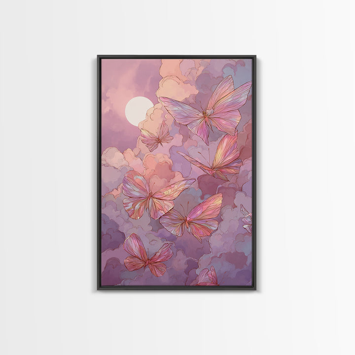 Pink Butterfly Moonlit Clouds Wall Art, Whimsical Nursery Decor, Celestial Art Print, Pastel Girls Room Decor, Gift For Her