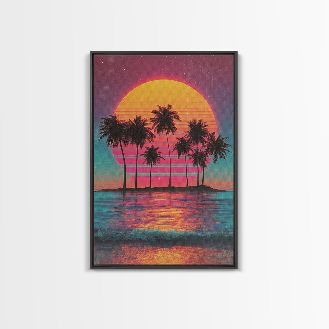 Retro Sunset With Palm Trees Against Gradient Sky Vibrant Framed Canvas Print For Tropical Wall Art And Home Decor