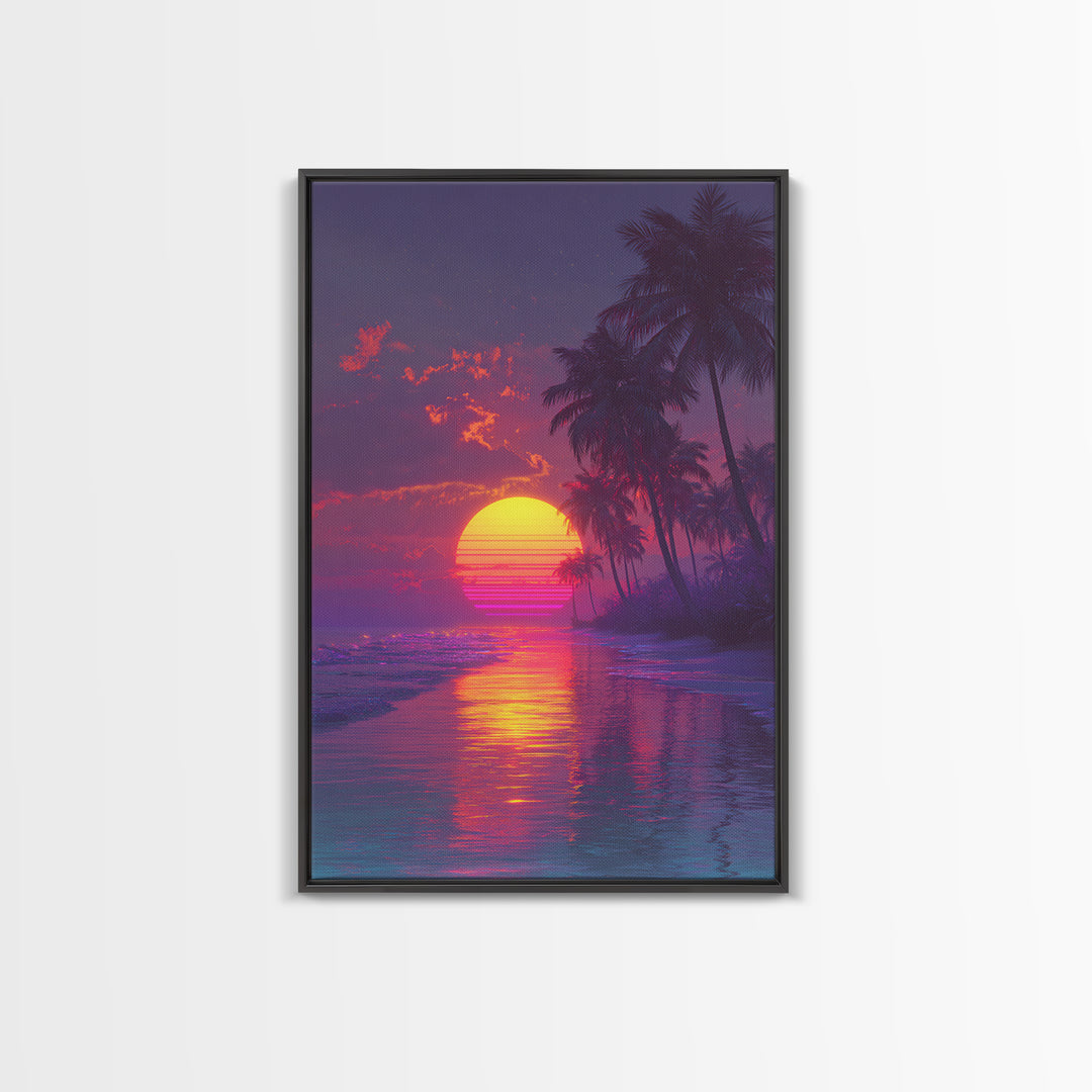 Neon Retro Sports Car At Night With Palm Trees Vibrant Cityscape Large Wall Art Framed Canvas Print Modern Decor