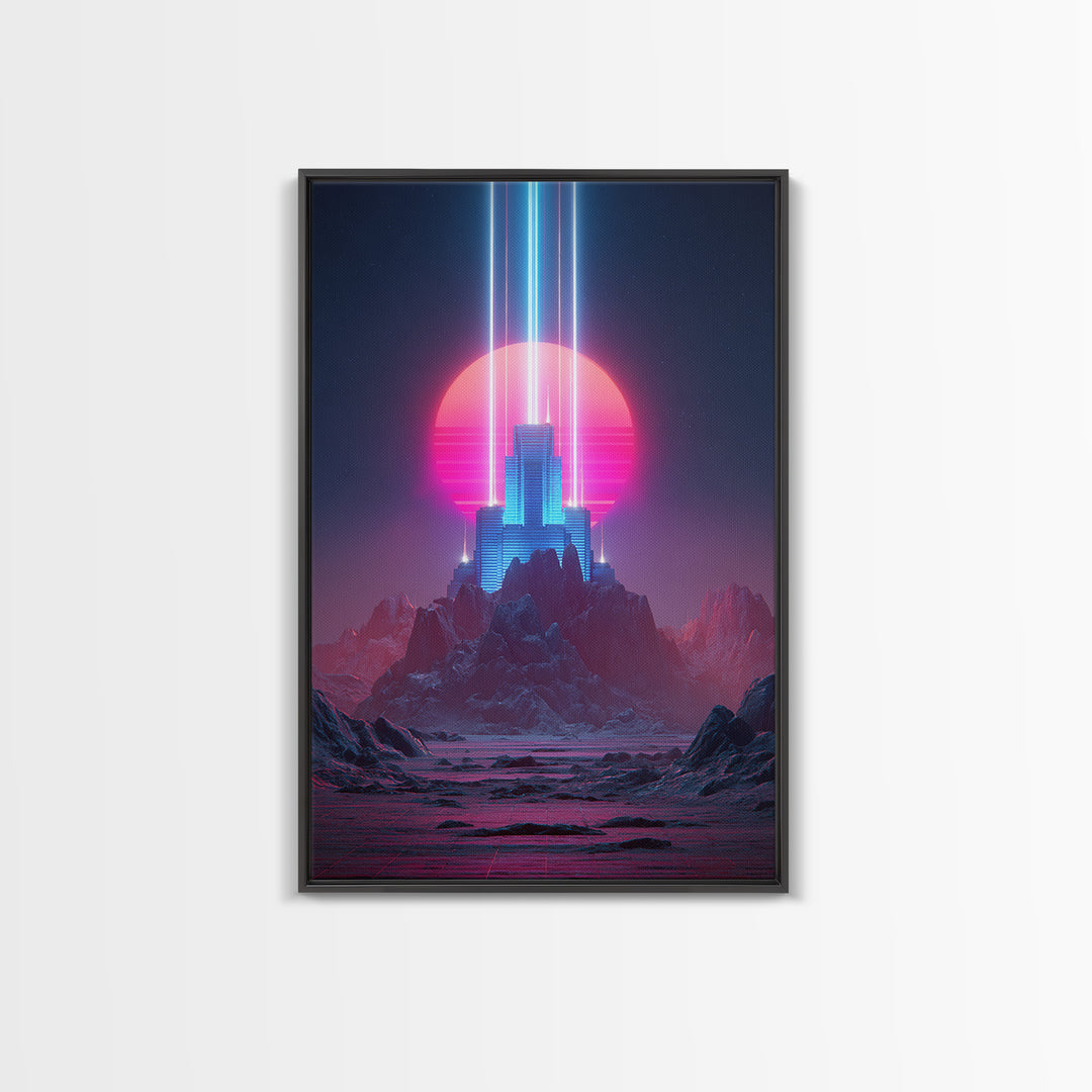 Retro Futuristic Neon Cityscape Digital Art Modern Wall Art Framed Canvas Print For Home Decor