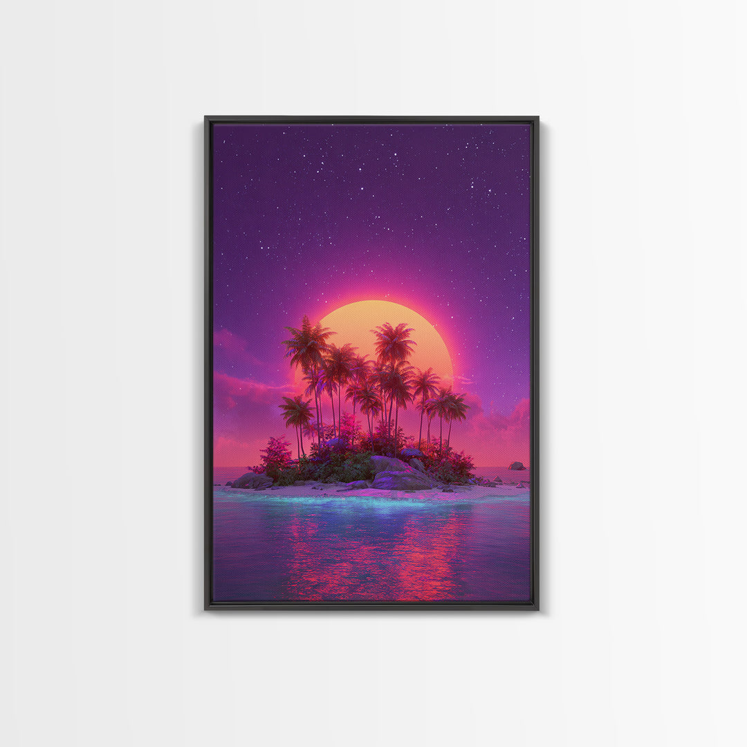 Neon Sunset Tropical Island With Palm Trees Canvas Print Vibrant Wall Art For Coastal Decor And Trendy Home Decor