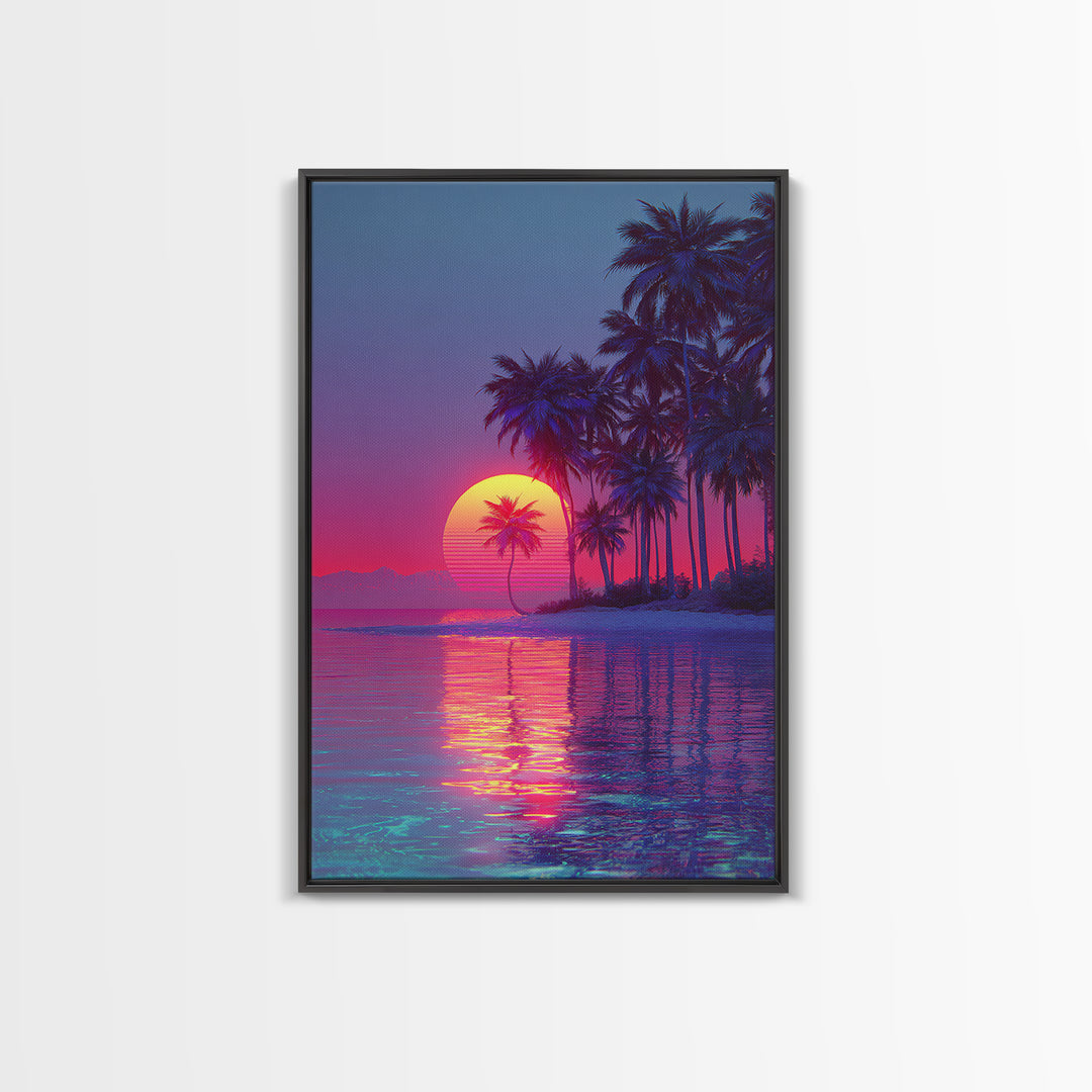 Vaporwave Tropical Sunset With Palm Trees Beach Reflection Canvas Print For Modern Home Decor Wall Art