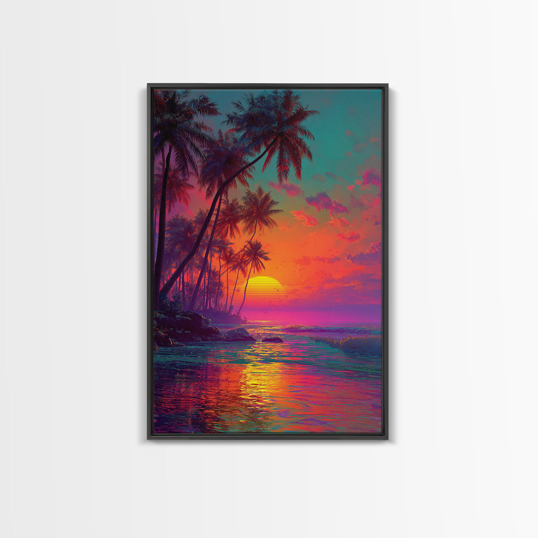 Vibrant Tropical Sunset With Palm Trees Over Ocean Framed Canvas Print Perfect For Coastal Home Decor