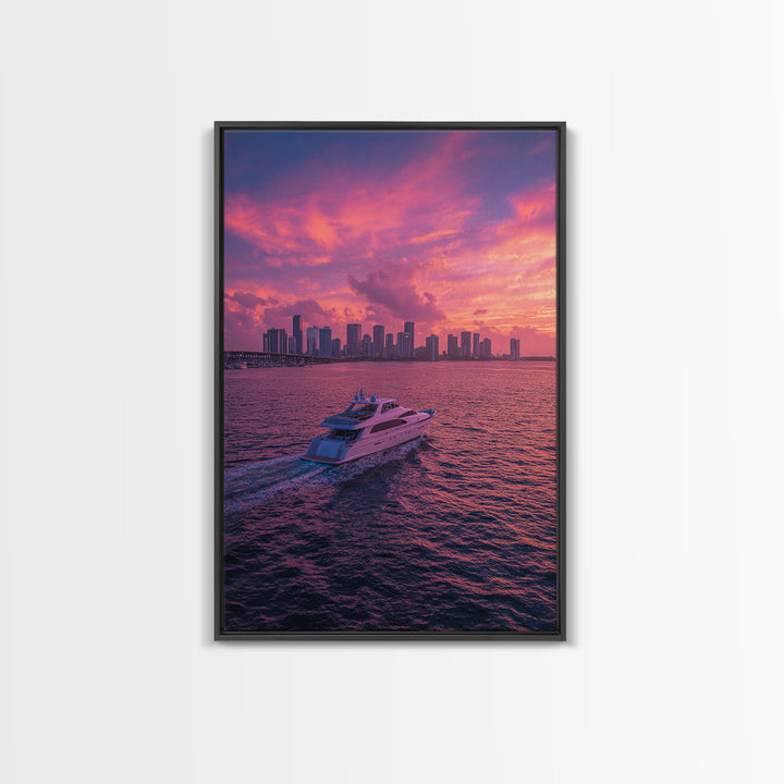 Luxury Yacht Sailing Into Stunning Miami Sunset Skyline Wall Art Framed Canvas Print For Living Room Decor
