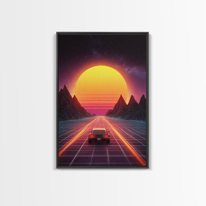 Vibrant Retro Futuristic Road Landscape Canvas Print With Neon Sunset And Car Driving Through Digital Mountains