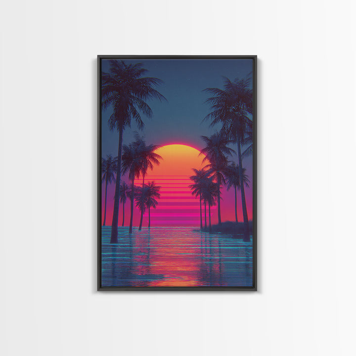 Sunset Over Tropical Beach With Palm Trees Vibrant Coastal Wall Art Canvas Print