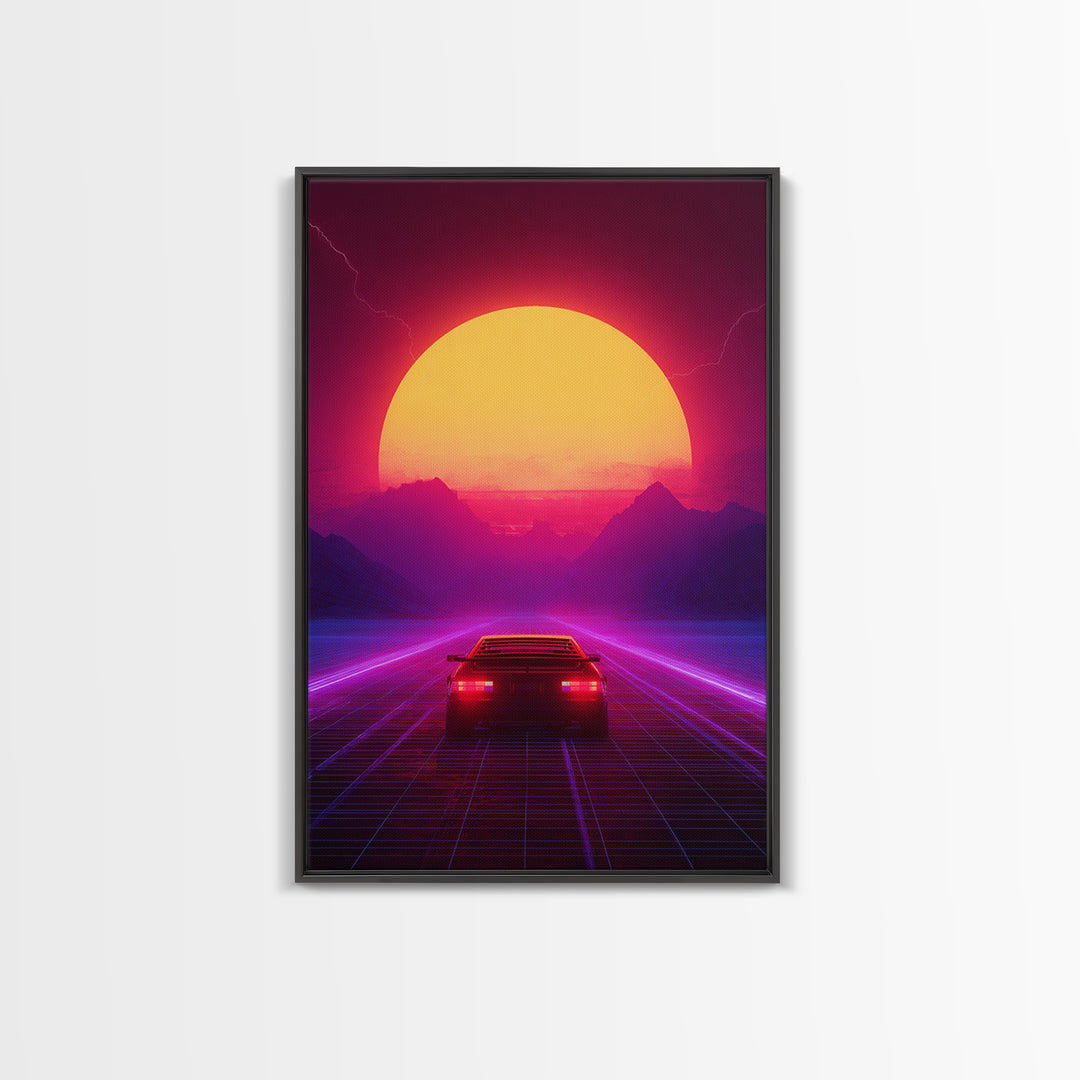 Synthwave Retro Neon Landscape With Sports Car And Palm Trees Under Glowing Sunset Canvas Print For Vaporwave Wall Art And Modern Decor