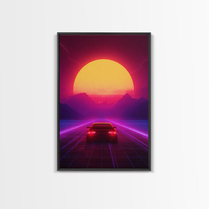 Synthwave Retro Neon Landscape With Sports Car And Palm Trees Under Glowing Sunset Canvas Print For Vaporwave Wall Art And Modern Decor