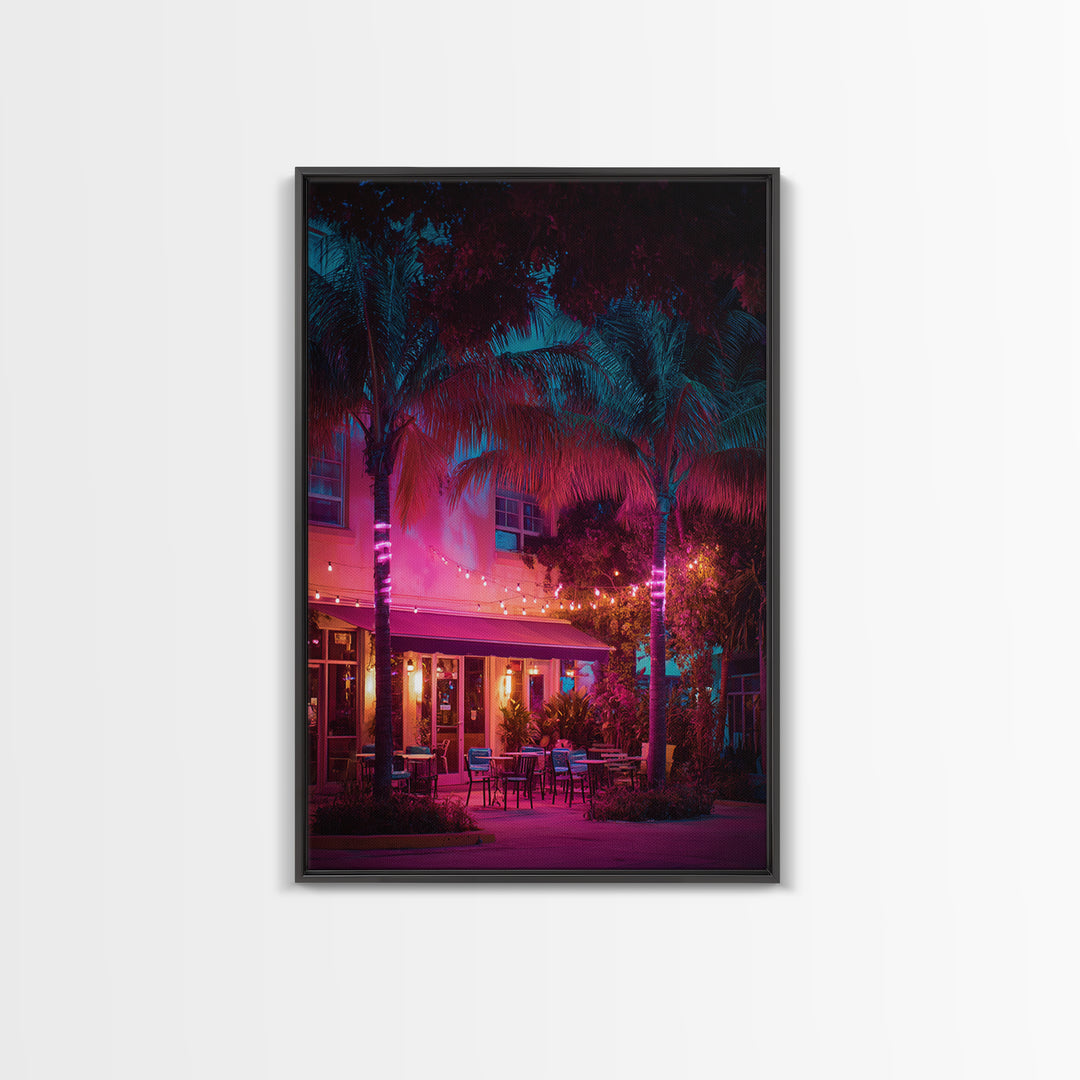 Vibrant Nighttime Tropical Outdoor Cafe Scene In Pink And Blue Modern Wall Art Canvas Print