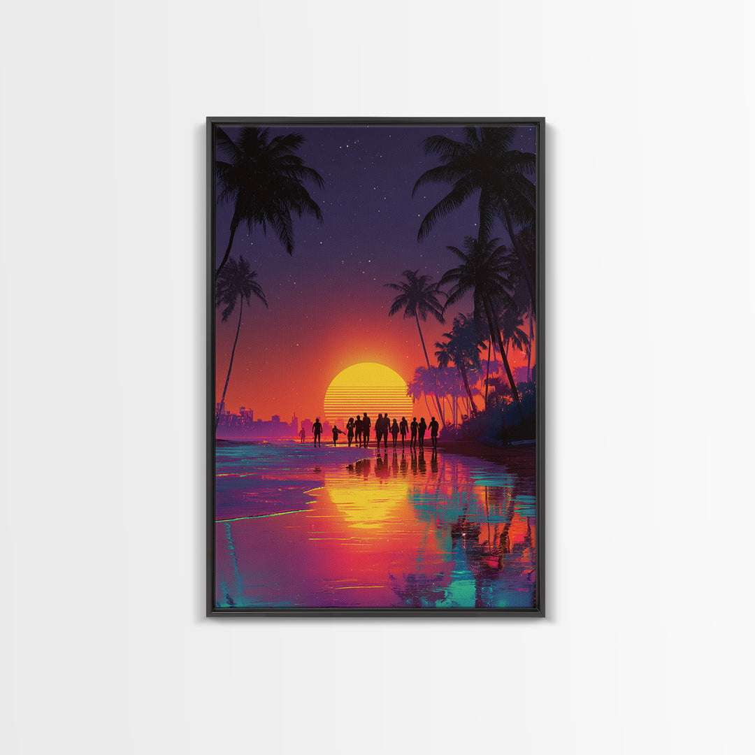 Modern Vibrant Sunset Beach Scene With People Silhouettes Wall Art Framed Canvas Print For Coastal Home Decor