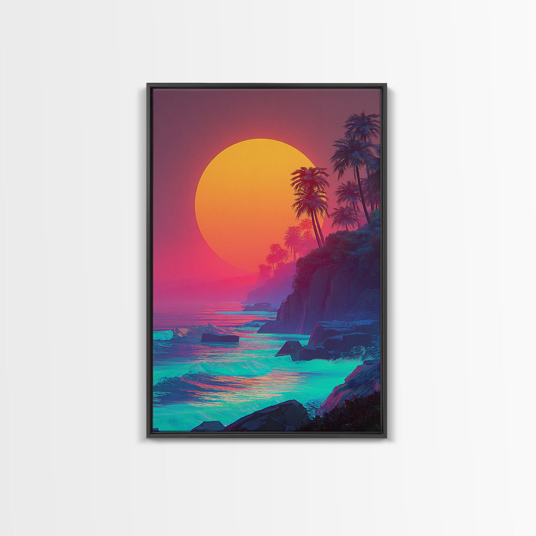 Vibrant Tropical Sunset With Palm Trees Ocean Coastline Digital Painting Canvas Print Modern Wall Art For Home Decor