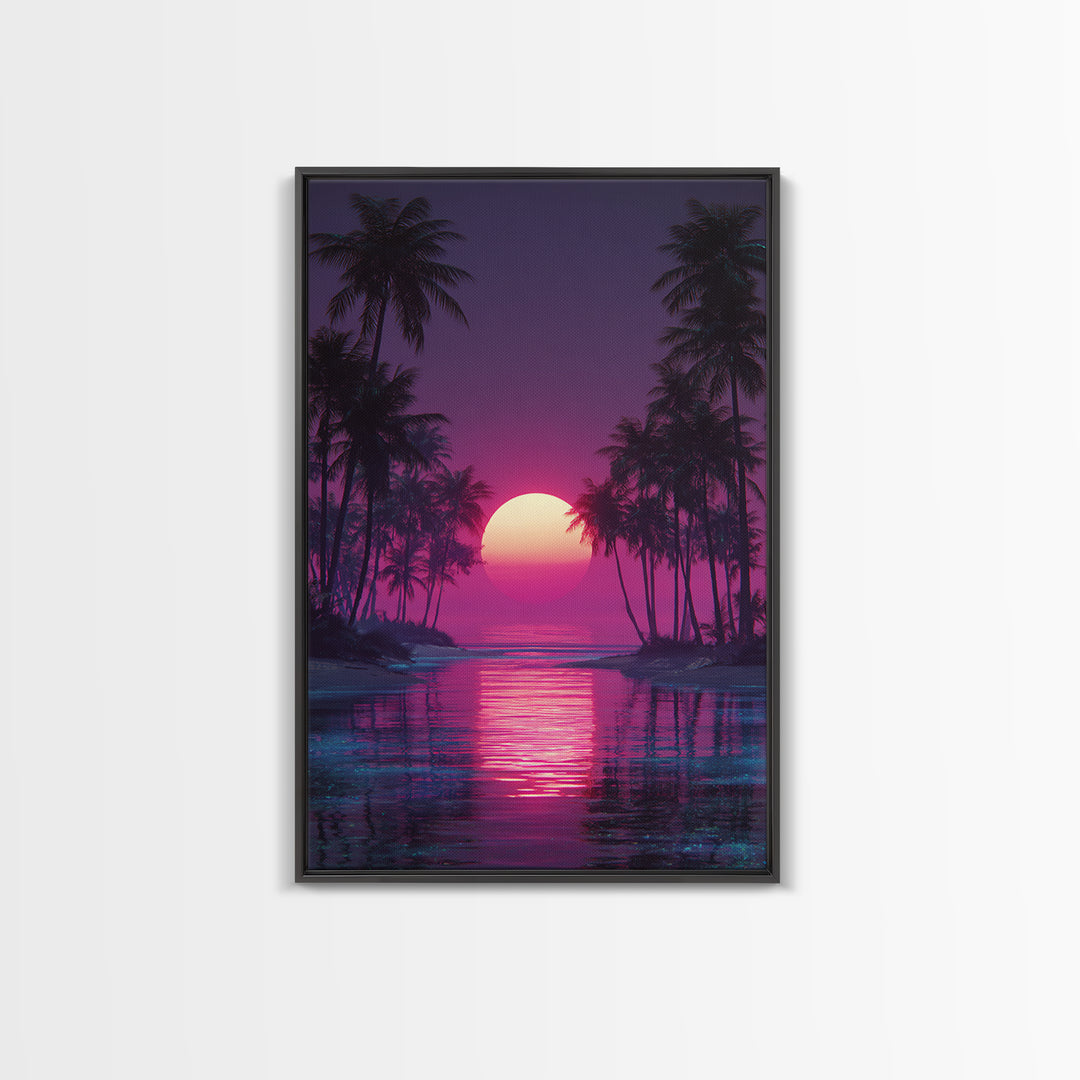 Gentle Pink Purple Tropical Sunset Over Calm Ocean With Palm Trees Wall Art For Relaxing Bedroom Decor
