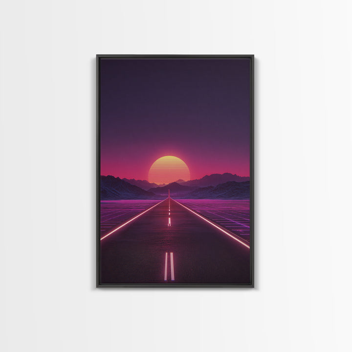 Offbeat Neon Retro Futuristic Road Sunset Digital Art Wall Art Canvas Print Trendy Modern Decor For Bedroom And Office