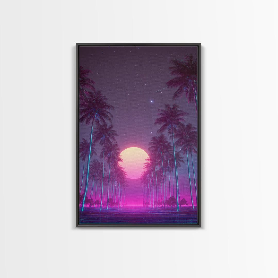 Retro Futuristic Neon Highway Leading To Large Vibrant Sun Over Palm Trees Digital Canvas Print Wall Art