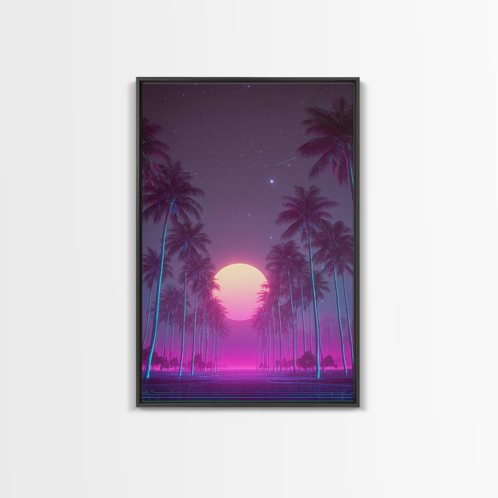 Retro Futuristic Neon Highway Leading To Large Vibrant Sun Over Palm Trees Digital Canvas Print Wall Art