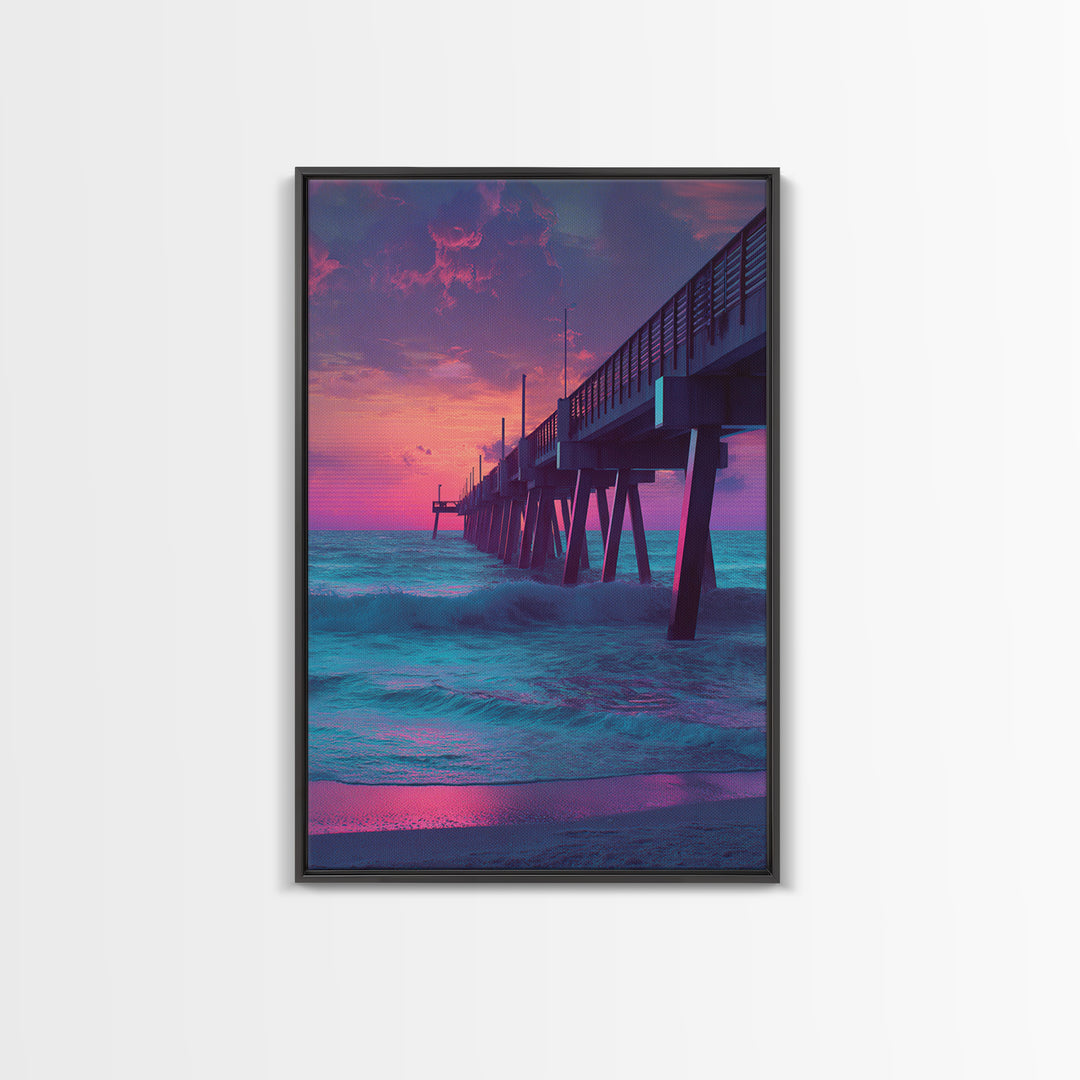 Mystical Purple And Blue Ocean Pier Sunset Wall Art Print For Beach House And Coastal Decor Canvas Print