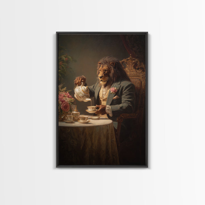 Regal Lion Pouring Tea In Victorian Parlor Canvas Print, Whimsical Animal Wall Art, Dark Academia Dining Room Decor Gift