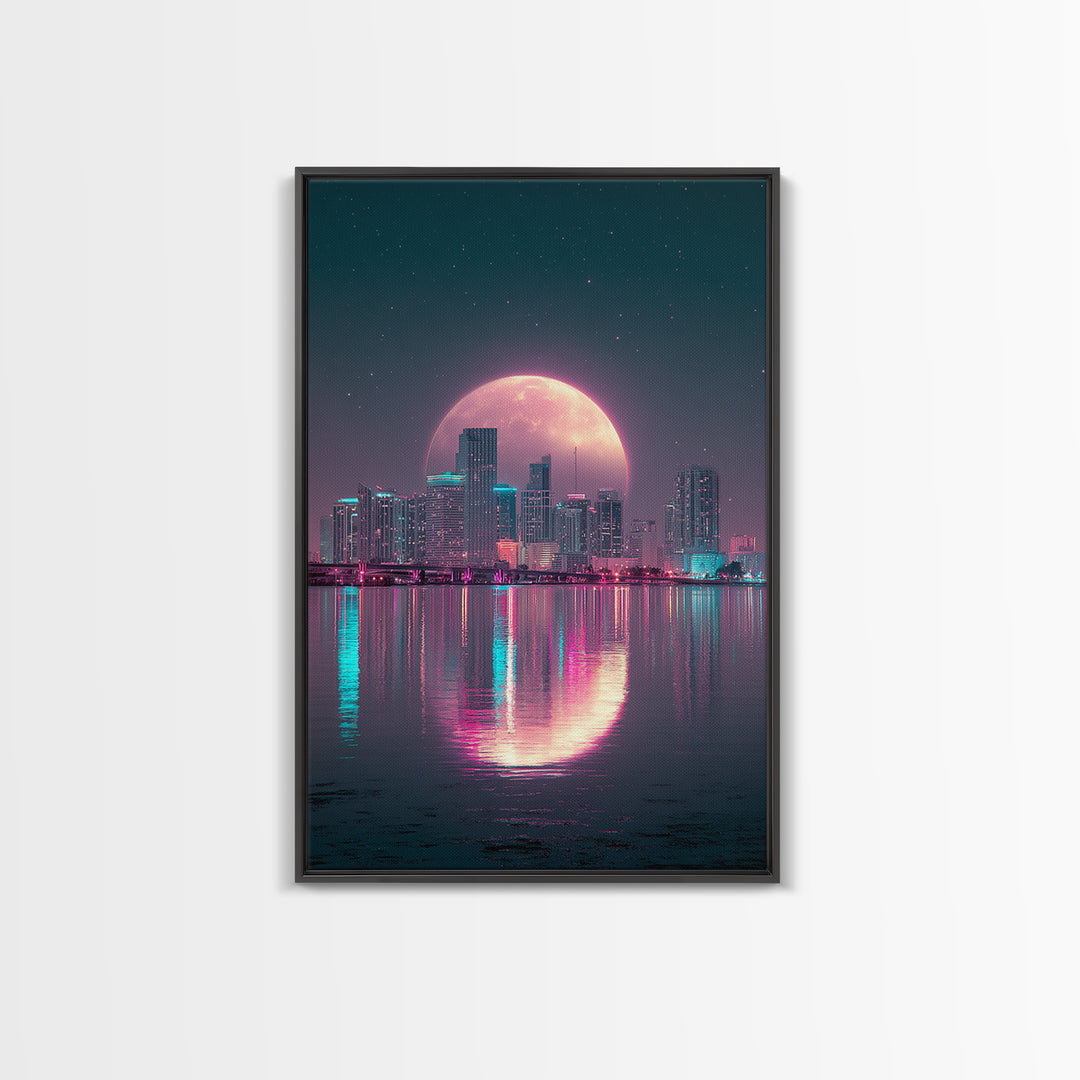 Giant Pink Moon Over Tropical Cityscape Sunset Urban Modern Wall Art Canvas Print