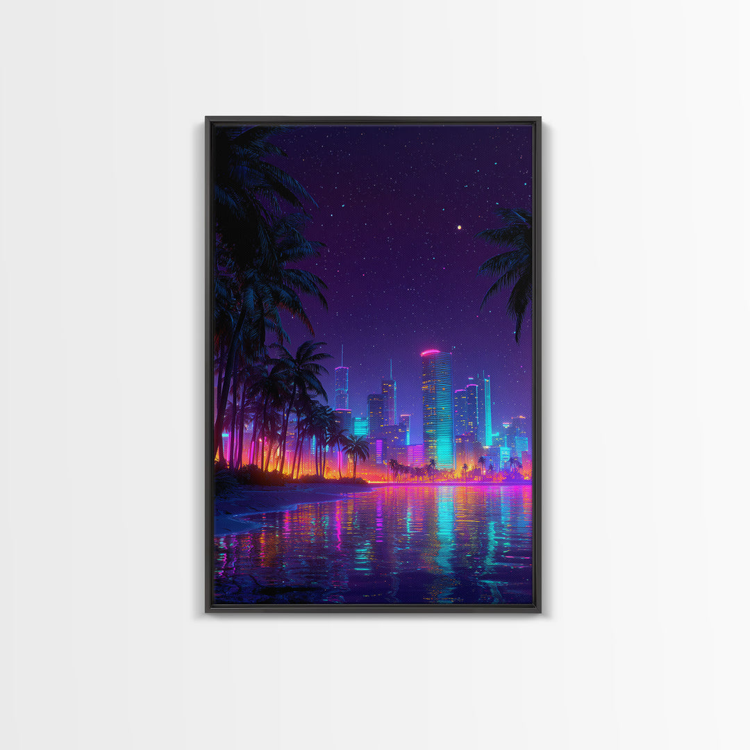 Neon Cityscape At Night With Reflections And Palm Trees Wall Art Framed Canvas Print For Modern Living Room Decor