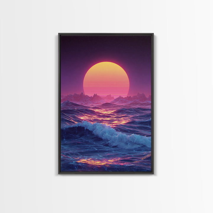 Retro Futuristic Neon Pink And Purple Surreal Landscape Digital Wall Art Framed Canvas Print