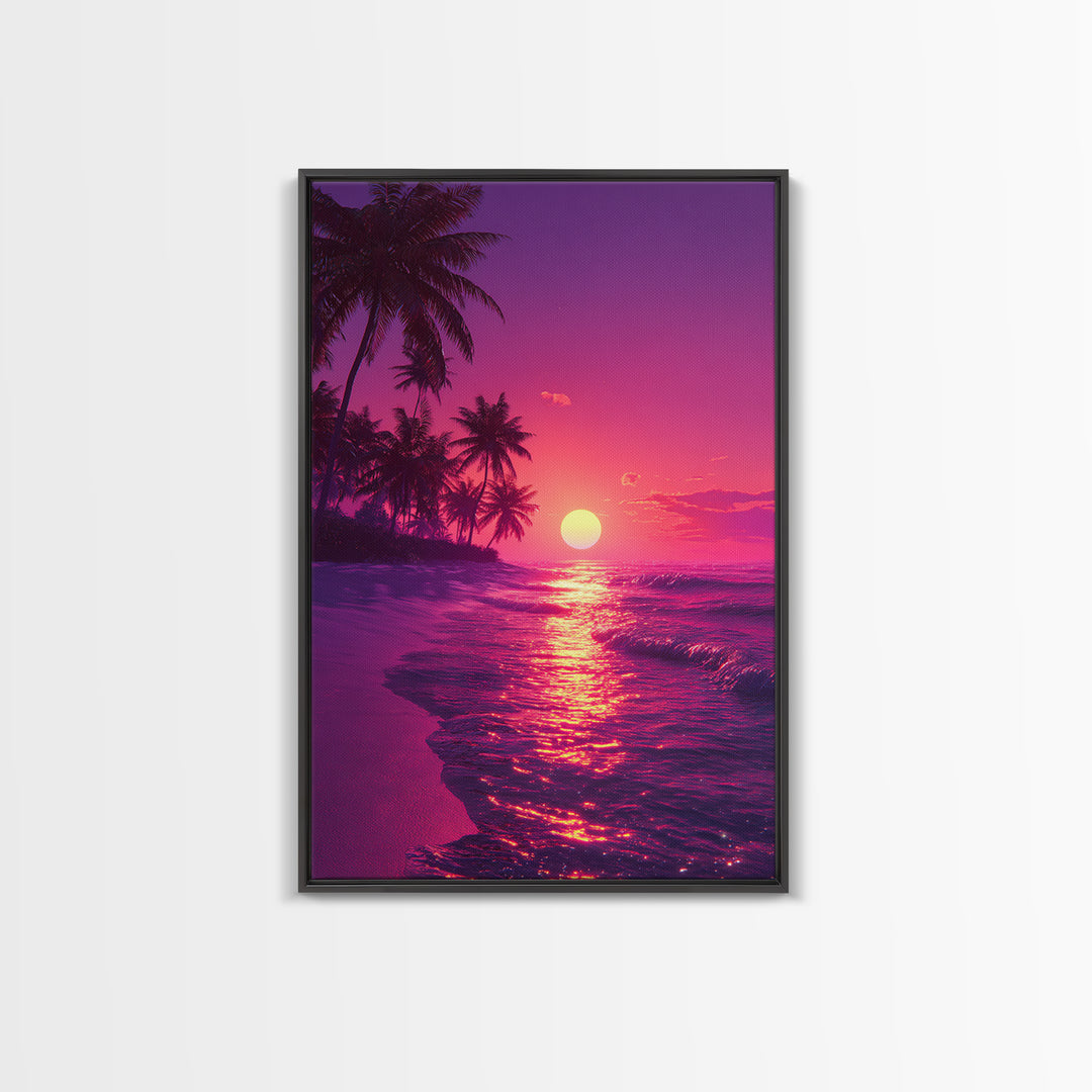 Tropical Sunset Beach Landscape Canvas Print With Pink Palm Trees And Ocean Waves Coastal Wall Art Home Decor For Living Room