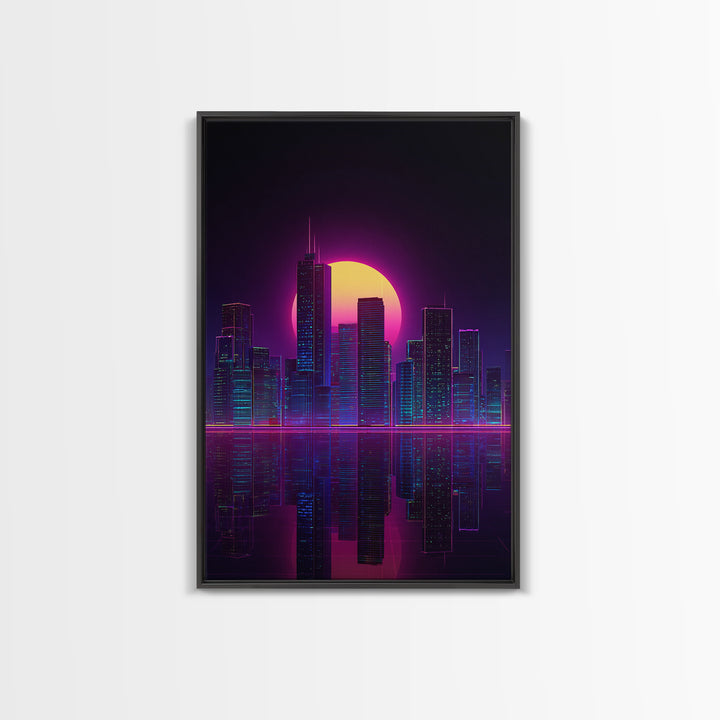 Futuristic Neon Cityscape With Purple And Pink Sunset Sci-Fi Wall Art Framed Canvas Print For Modern Living Room Decor