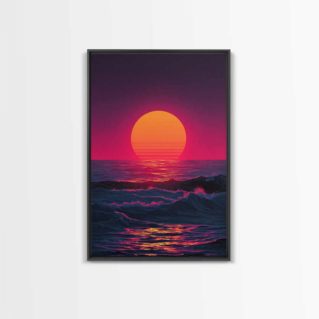 Vibrant Retro Abstract Neon Sunset Over Ocean Waves With Pink And Purple Horizon Wall Art Canvas Print For Bold Home Decor
