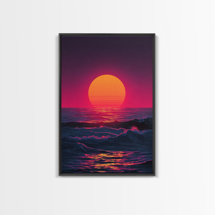 Vibrant Retro Abstract Neon Sunset Over Ocean Waves With Pink And Purple Horizon Wall Art Canvas Print For Bold Home Decor