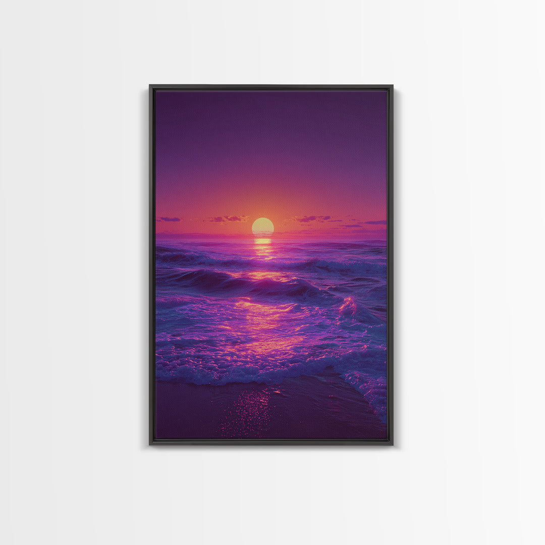Surreal Ocean Sunset With Deep Purple And Pink Hues Canvas Print For Bedroom Wall Art And Coastal Home Decor