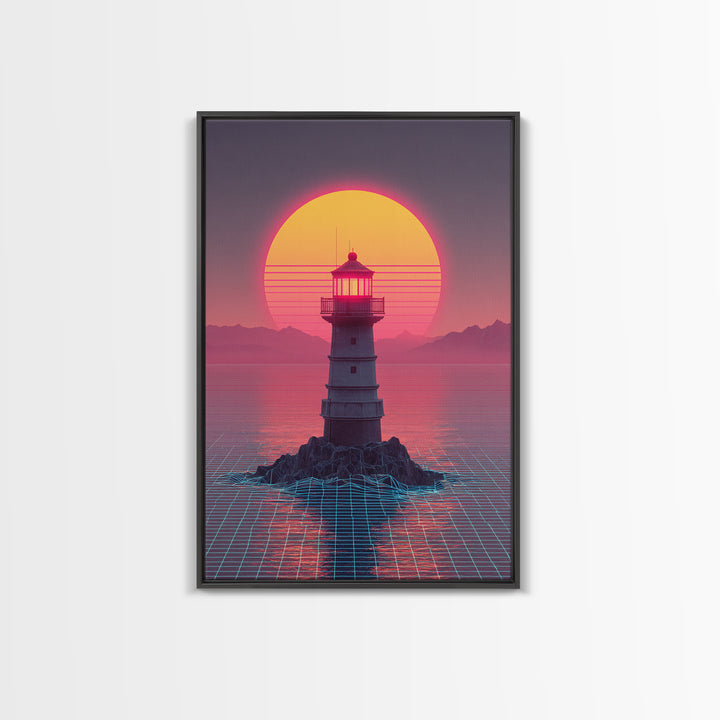 Retro Futuristic Neon Sunset Lighthouse Cityscape Digital Art Vibrant Large Wall Art Framed Canvas Print Modern Decor
