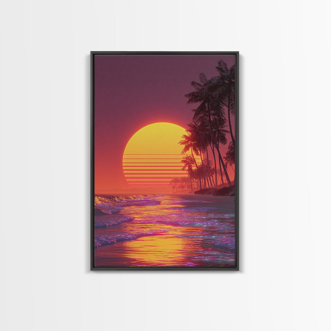 Bright Neon Orange Sun Over Tropical Beach Palm Trees With Stunning Waves Canvas Print Vibrant Modern Wall Art For Home