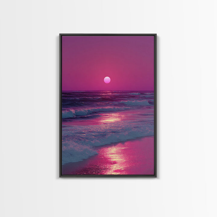 Vibrant Pink Sunset Over Ocean Waves With Reflective Light Coastal Wall Art Canvas Print For Beach House